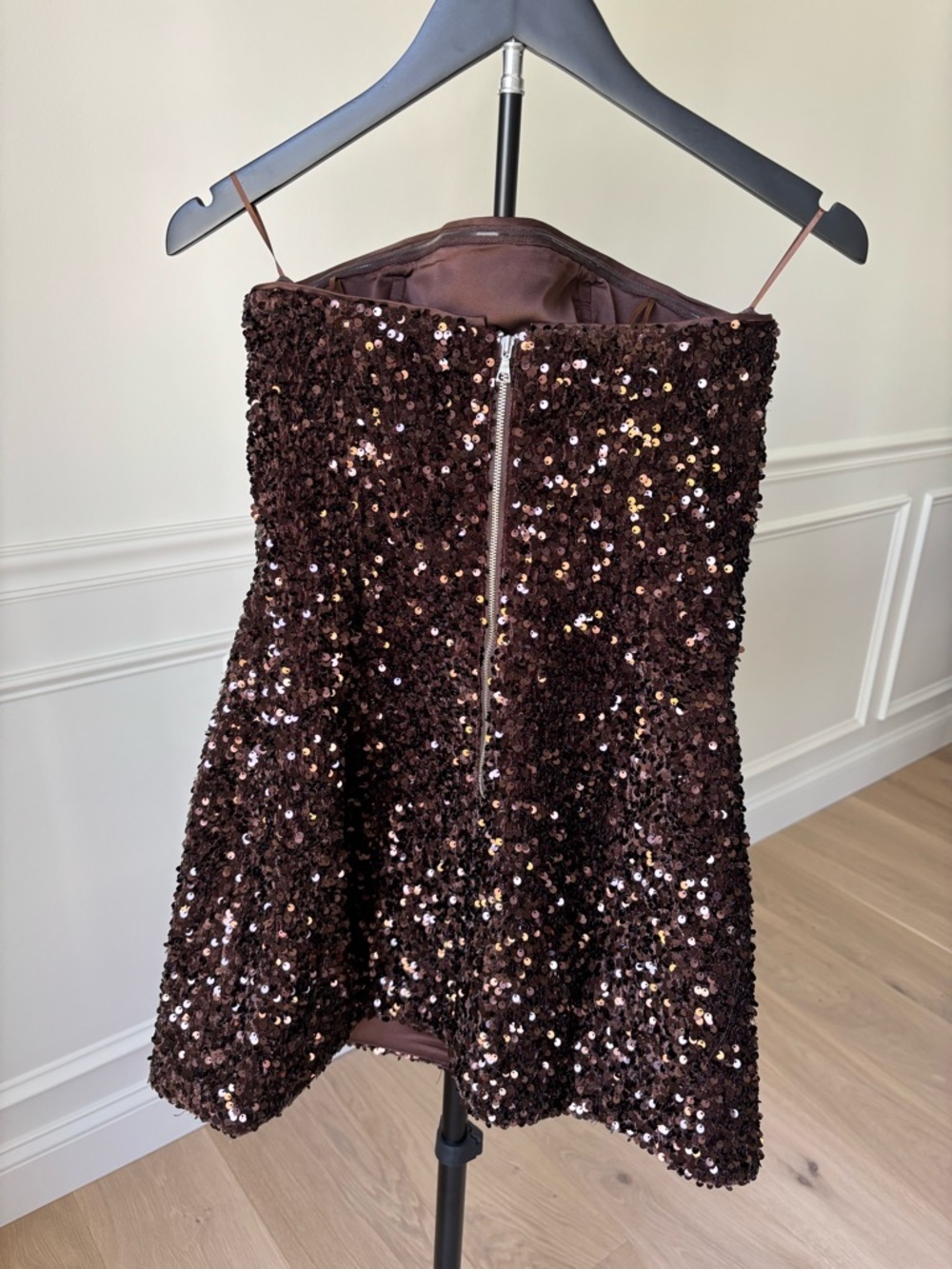 BARDOT Strapless Dark Brown Sequin Mini Dress - Picture 5 of 8